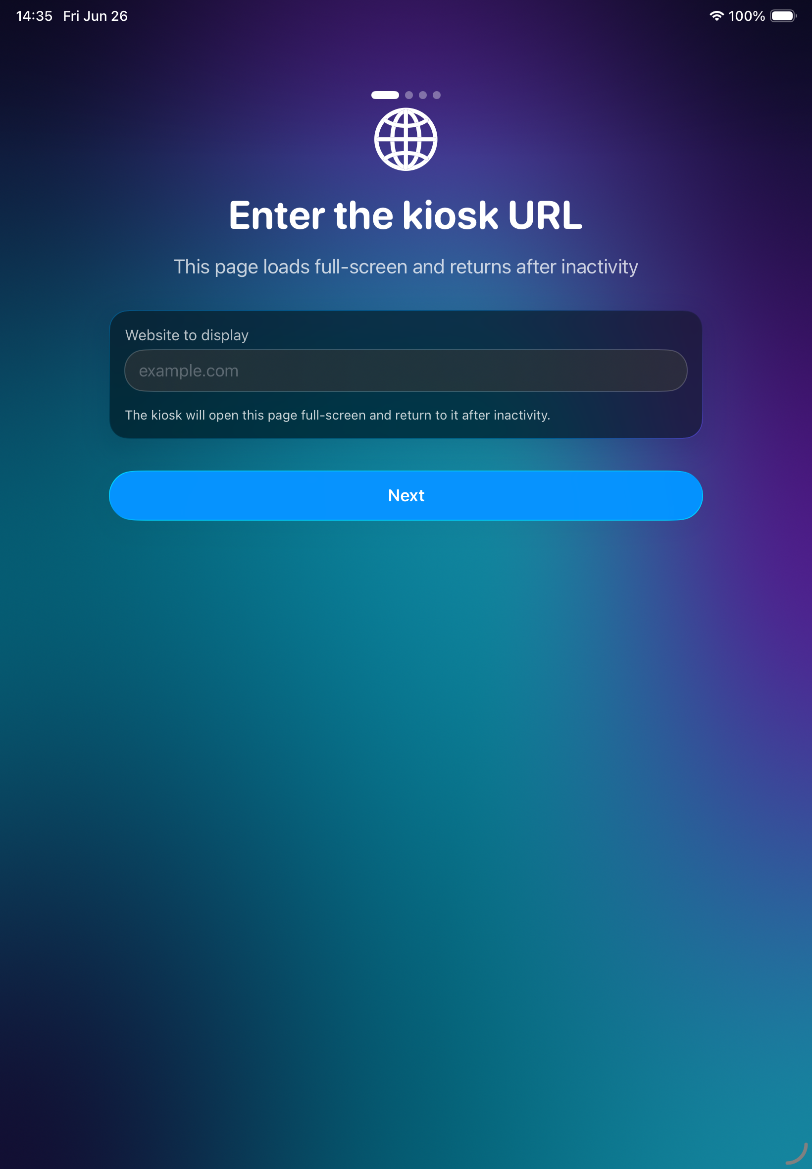 Pantalla de configuración de NeatKiosk en un iPad con el campo de URL y la interfaz Liquid Glass